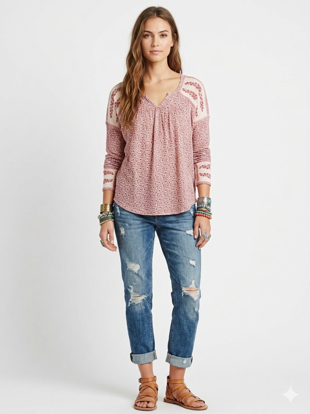 Lucky Brand Red and Cream Floral Patterned Blouse